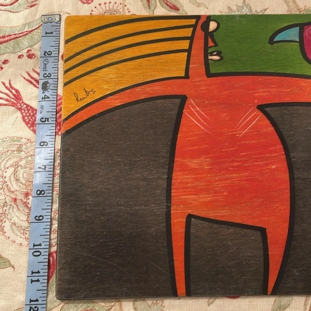Kakadu Signed Wooden Hand Painted Vibrant Colored Exaggerate Person and Bird